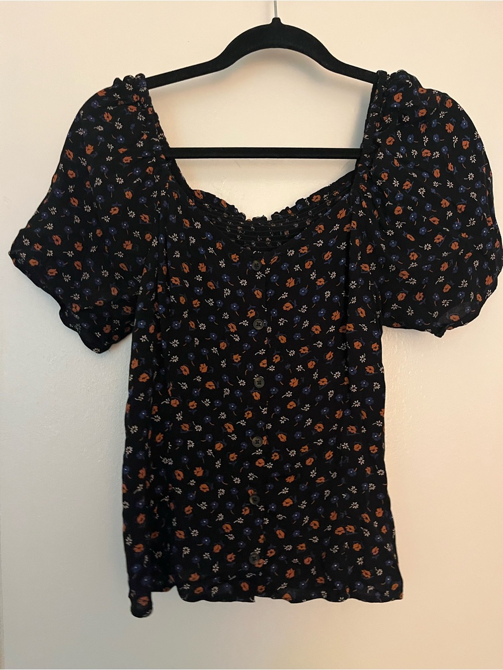 J. Crew Black Floral Puff-Sleeve Square Neck Blouse